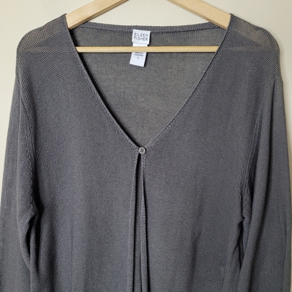 Eileen Fisher Open Knit Gray Cardigan Size L Minimalist Longline Cotton - Picture 3 of 7